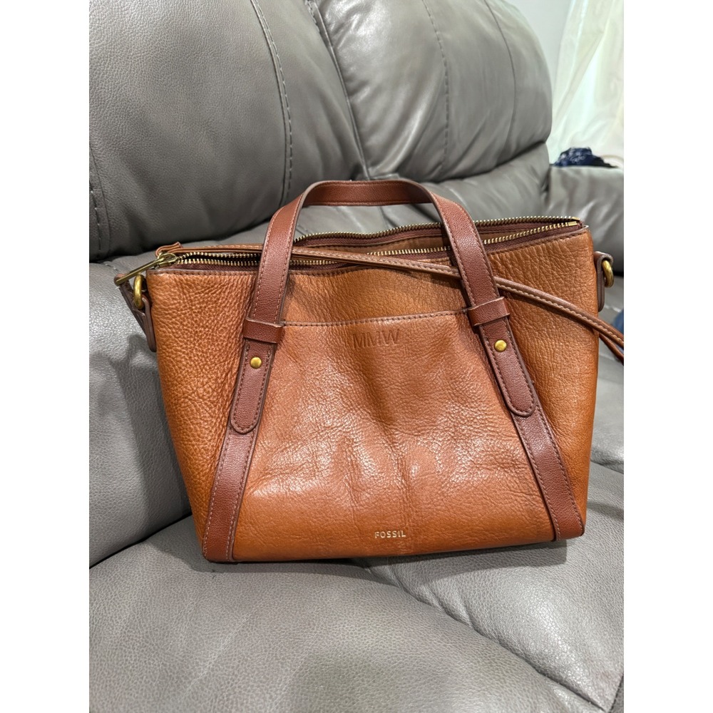 Fossil Rachel Brown Pebbled Leather Satchel Crossbody Bag Monogram MMW